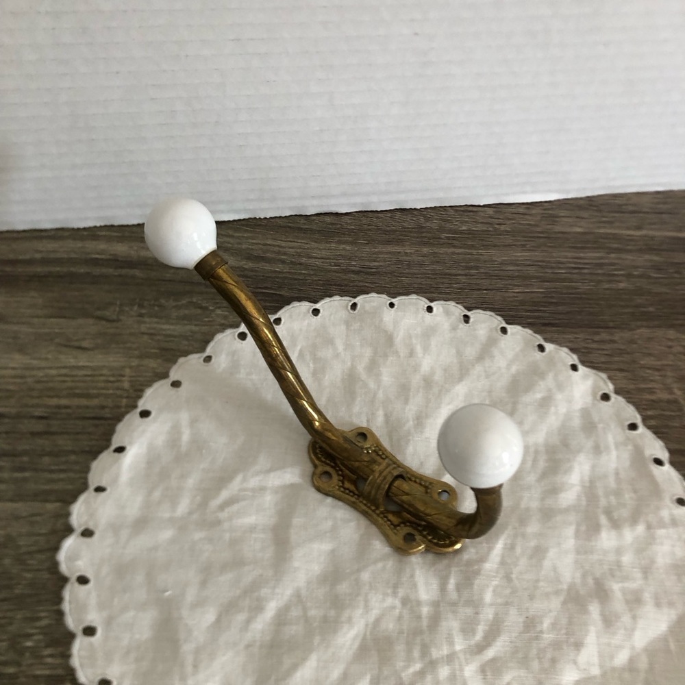Vtg Brass and Porcelain Wall Hook